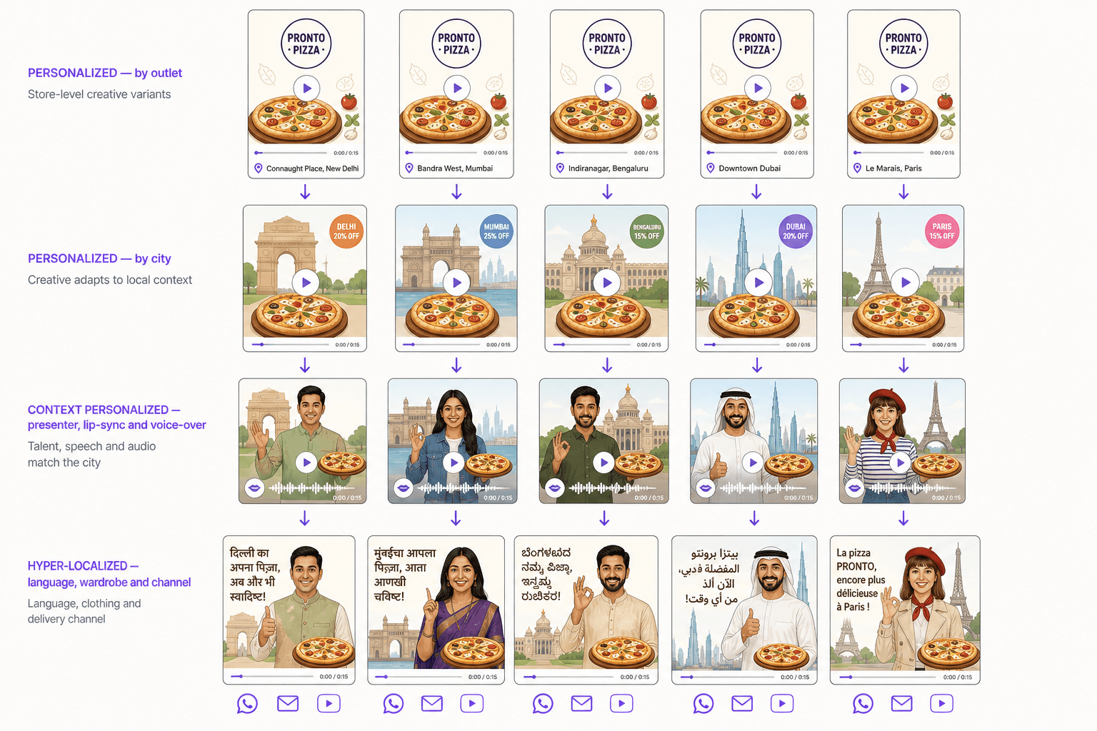 Vertical 9:16 video variations for a pizza chain across five cities, shown as four rows: personalized by outlet, personalized by city with each city's landmark, context-personalized with an on-camera presenter carrying lip-sync and voice-over, then hyper-localized by language, wardrobe and delivery channel.