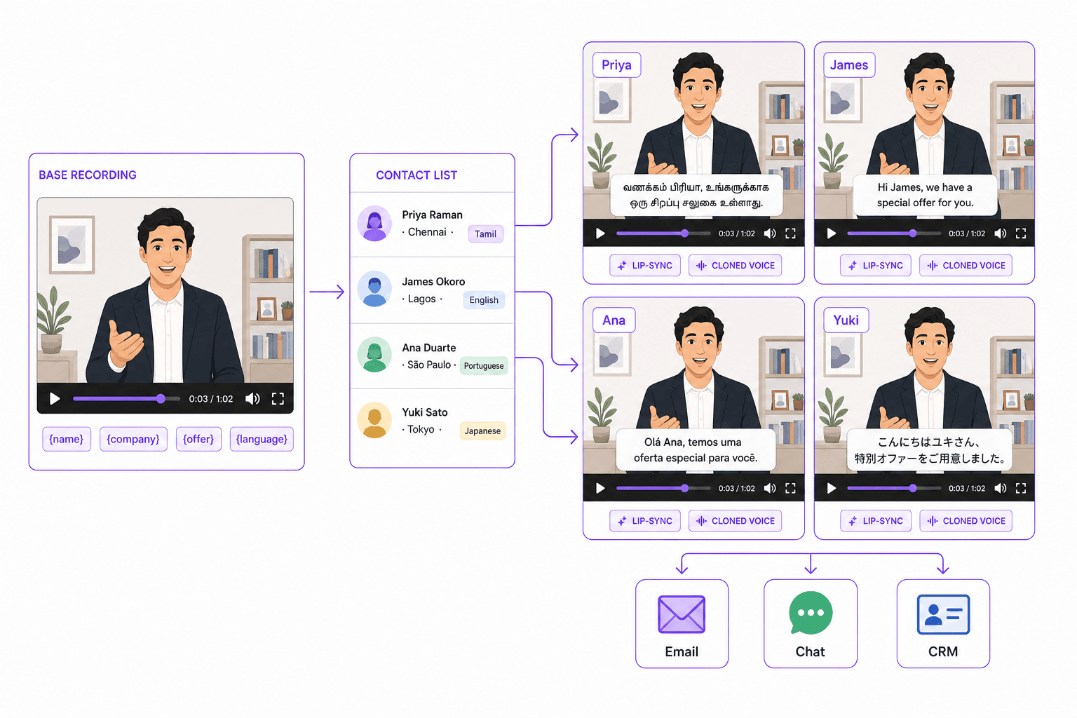 A base recording carrying name, company, offer and language tokens, pointed at a four-row contact list, producing four separate video renders of the same presenter greeting Priya in Tamil, James in English, Ana in Portuguese and Yuki in Japanese, each badged lip-sync and cloned voice, then delivered to email, chat and a CRM.