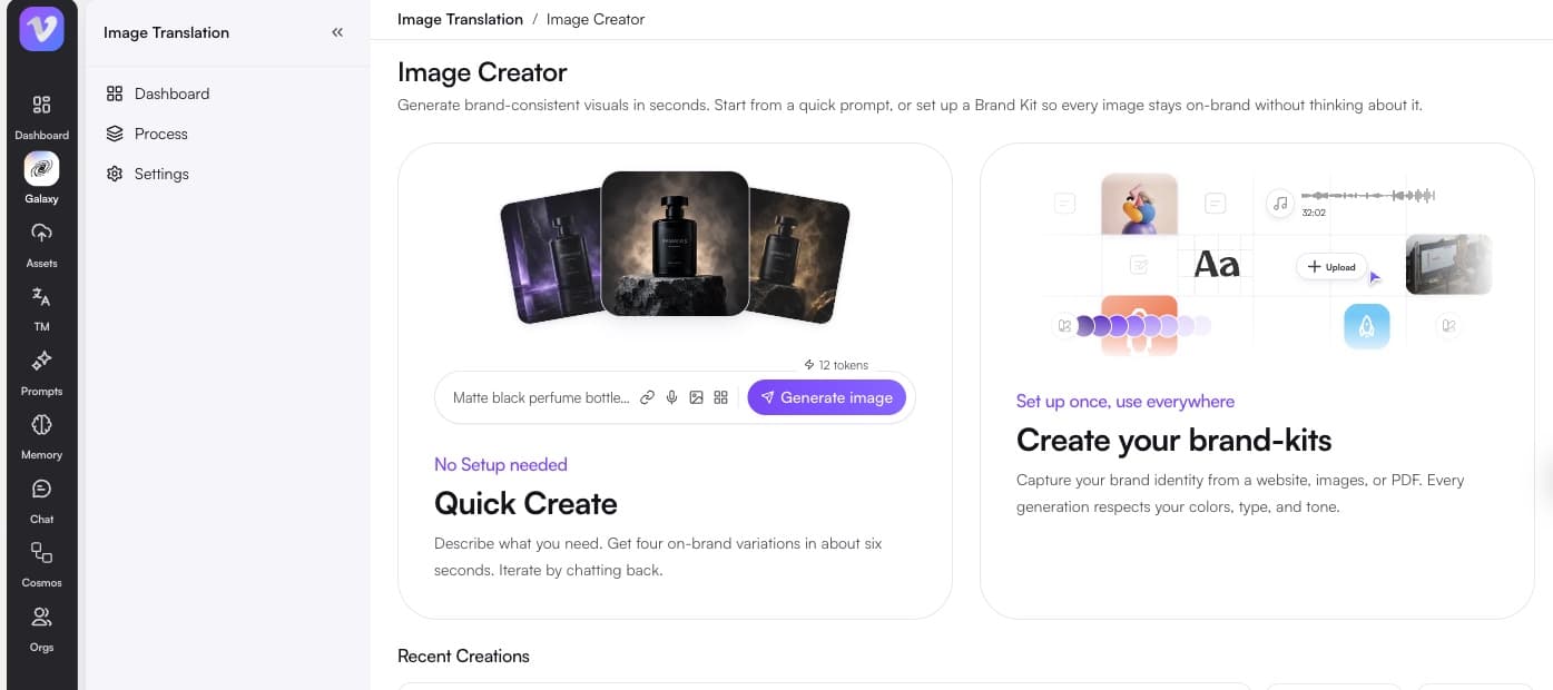 Vitra Universe Image Creator: a prompt box generating on-brand product visuals, alongside brand-kit setup