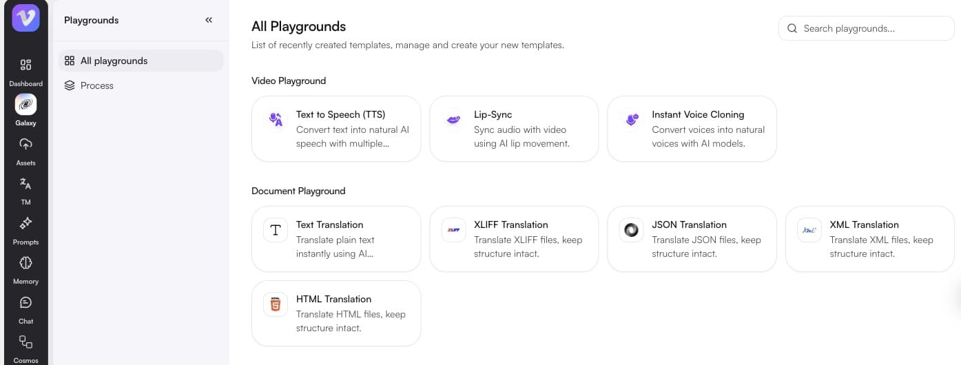 Vitra Universe playgrounds: text to speech, lip-sync, instant voice cloning, and text, XLIFF, JSON, XML and HTML translation