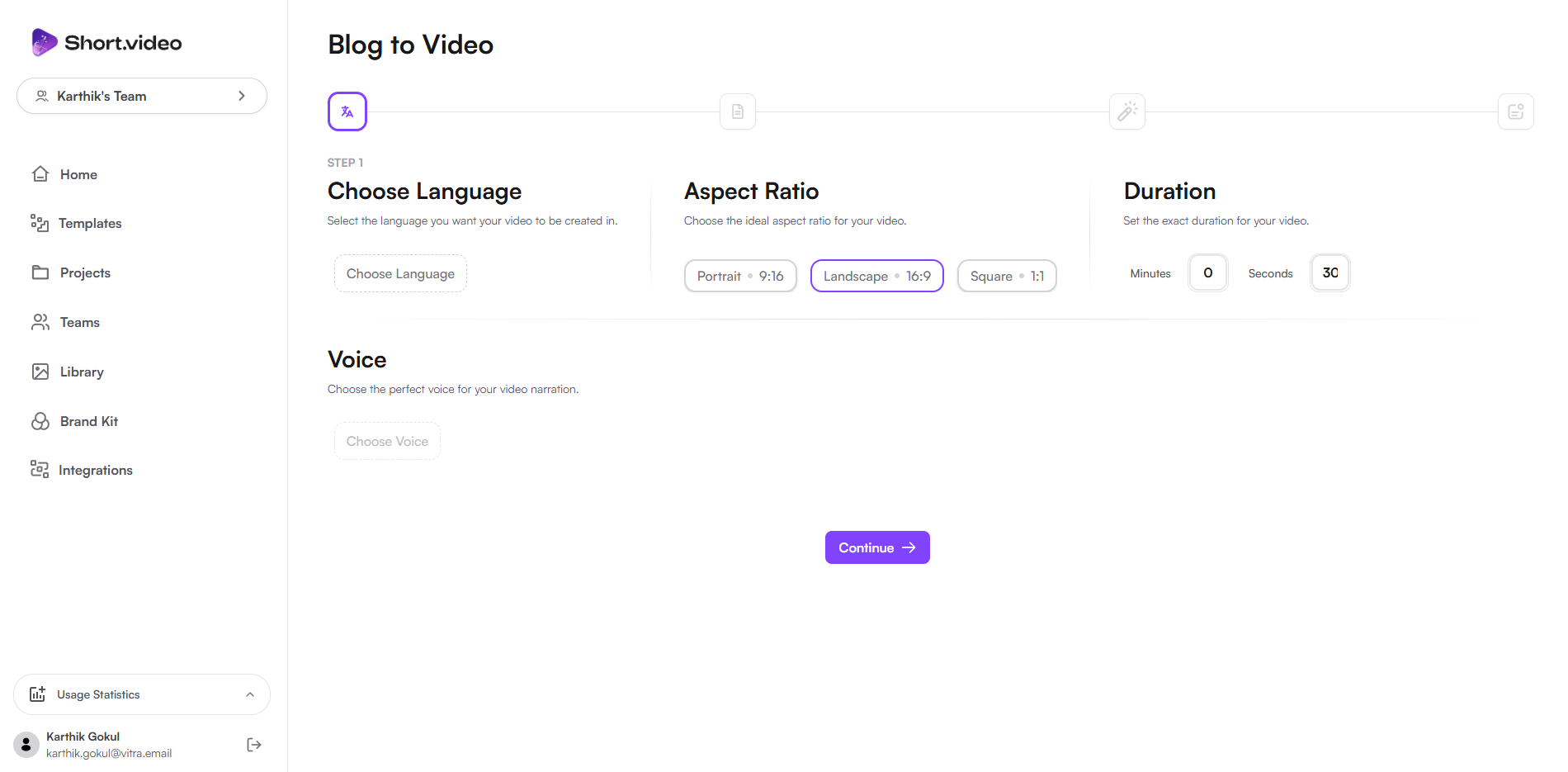 Step 1: Select language / voice / duration